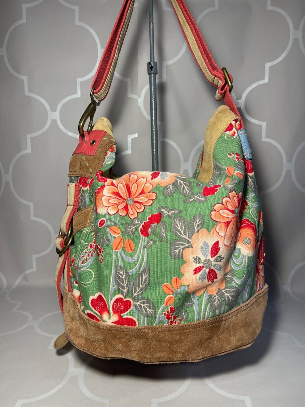 Lucky Brand Vintage Floral Canvas Crossbody Hobo Tote Bag – Brass Hardware